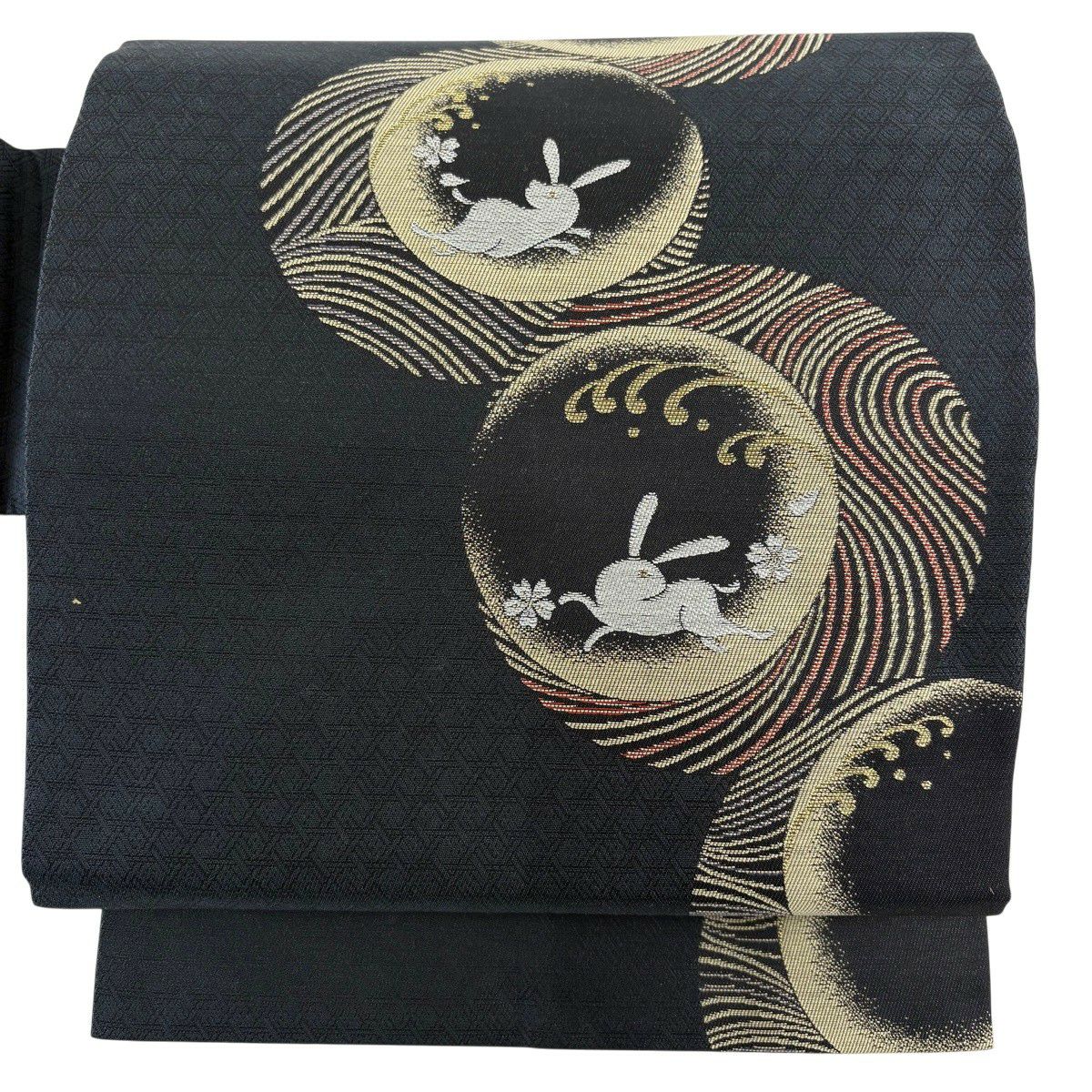 【美品】名古屋帶 名品級 兔子 櫻花 金絲 深藍 純蠶絲