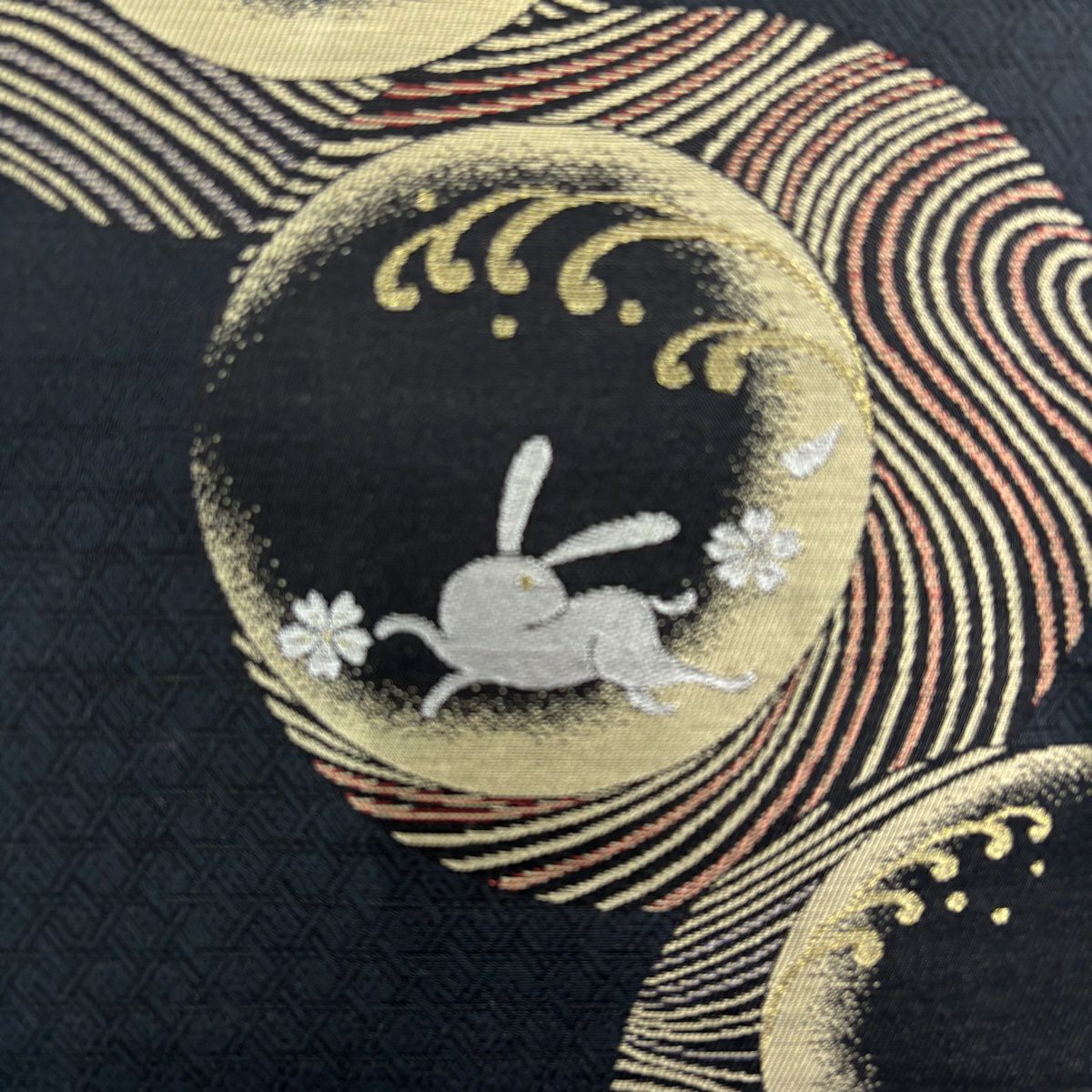 【美品】名古屋帶 名品級 兔子 櫻花 金絲 深藍 純蠶絲