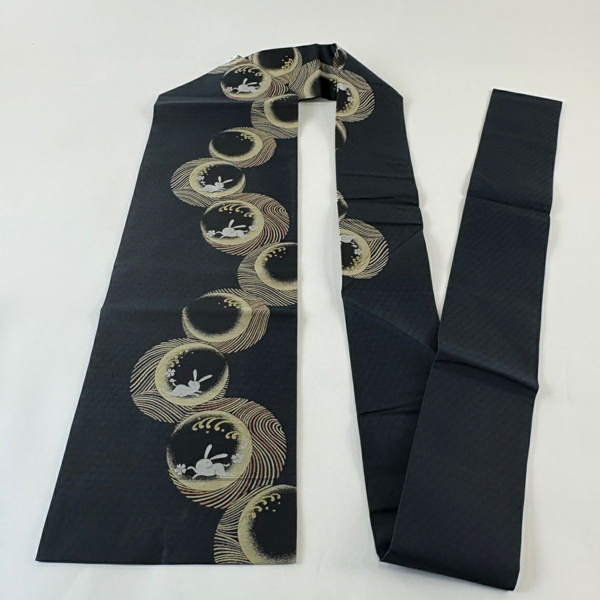 【美品】名古屋帶 名品級 兔子 櫻花 金絲 深藍 純蠶絲