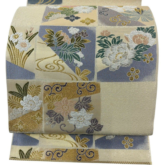 【美品】 袋帶 名品級 吉祥開運花 流水 金銀彩 金金箔 米色 六通 純蠶絲