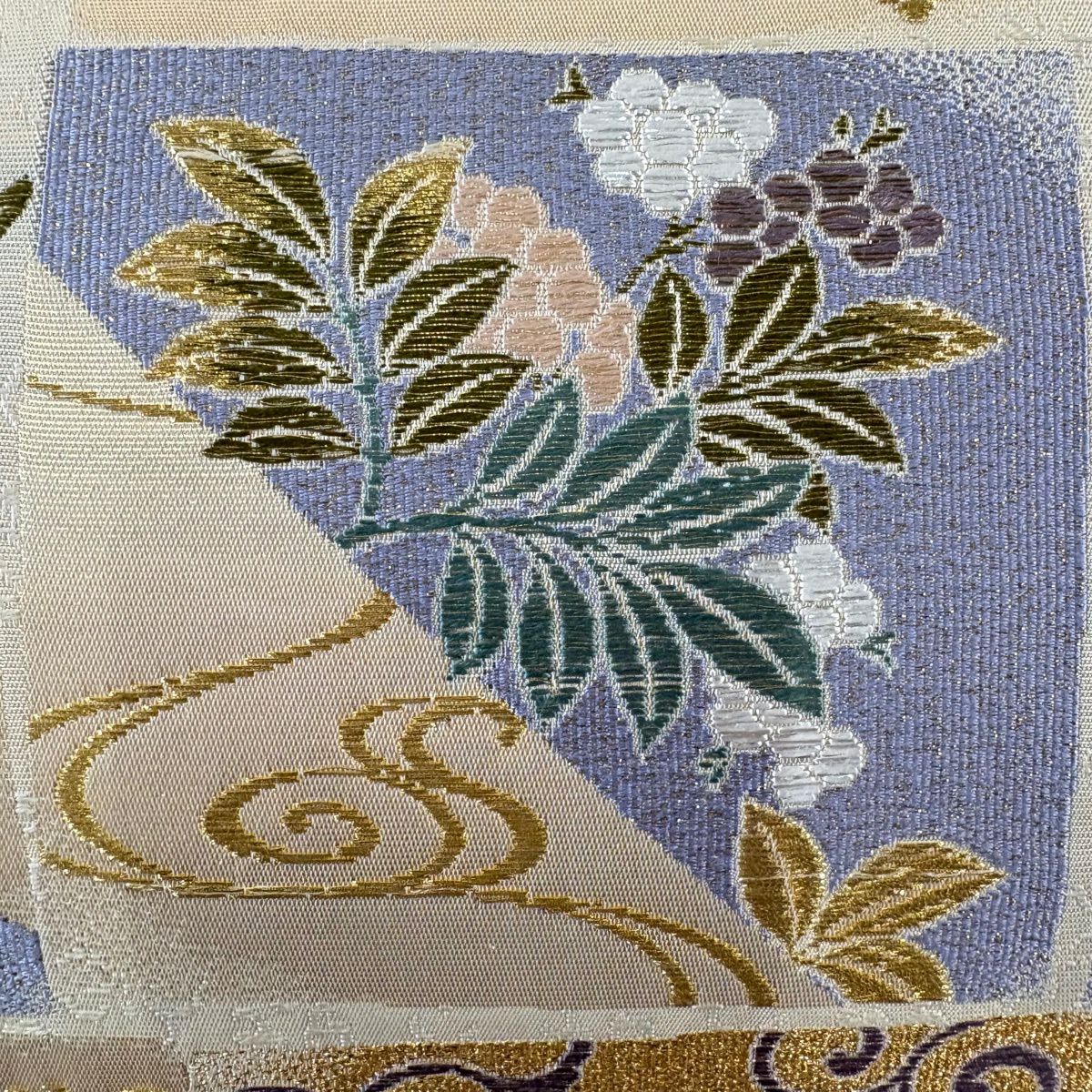 【美品】 袋帶 名品級 吉祥開運花 流水 金銀彩 金金箔 米色 六通 純蠶絲