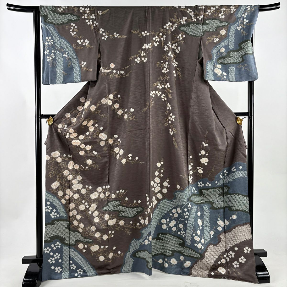 訪問服 身長168.5cm 袖長68.5cm L 雙層 枝花 霞 絞染 金彩裝飾 灰茶 純蠶絲 名品級