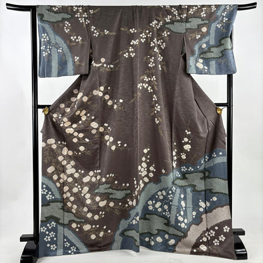 訪問服 身長168.5cm 袖長68.5cm L 雙層 枝花 霞 絞染 金彩裝飾 灰茶 純蠶絲 名品級