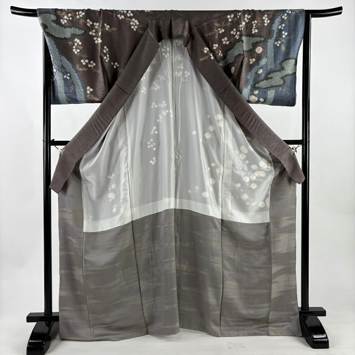 訪問服 身長168.5cm 袖長68.5cm L 雙層 枝花 霞 絞染 金彩裝飾 灰茶 純蠶絲 名品級