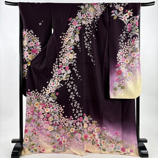 振袖禮服 身長173cm 袖長71cm L 雙層 草花紋紋 櫻花 金絲 金銀彩 深紫 純蠶絲 名品級