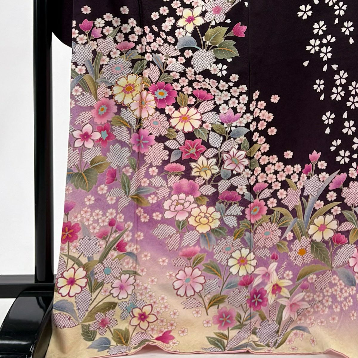 振袖禮服 身長173cm 袖長71cm L 雙層 草花紋紋 櫻花 金絲 金銀彩 深紫 純蠶絲 名品級