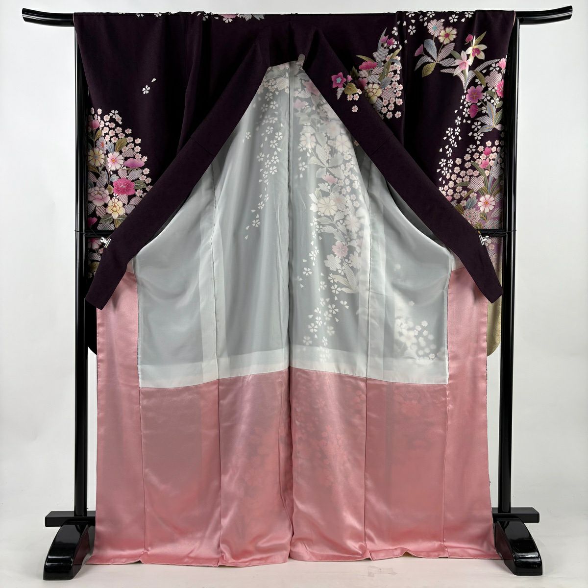 振袖禮服 身長173cm 袖長71cm L 雙層 草花紋紋 櫻花 金絲 金銀彩 深紫 純蠶絲 名品級