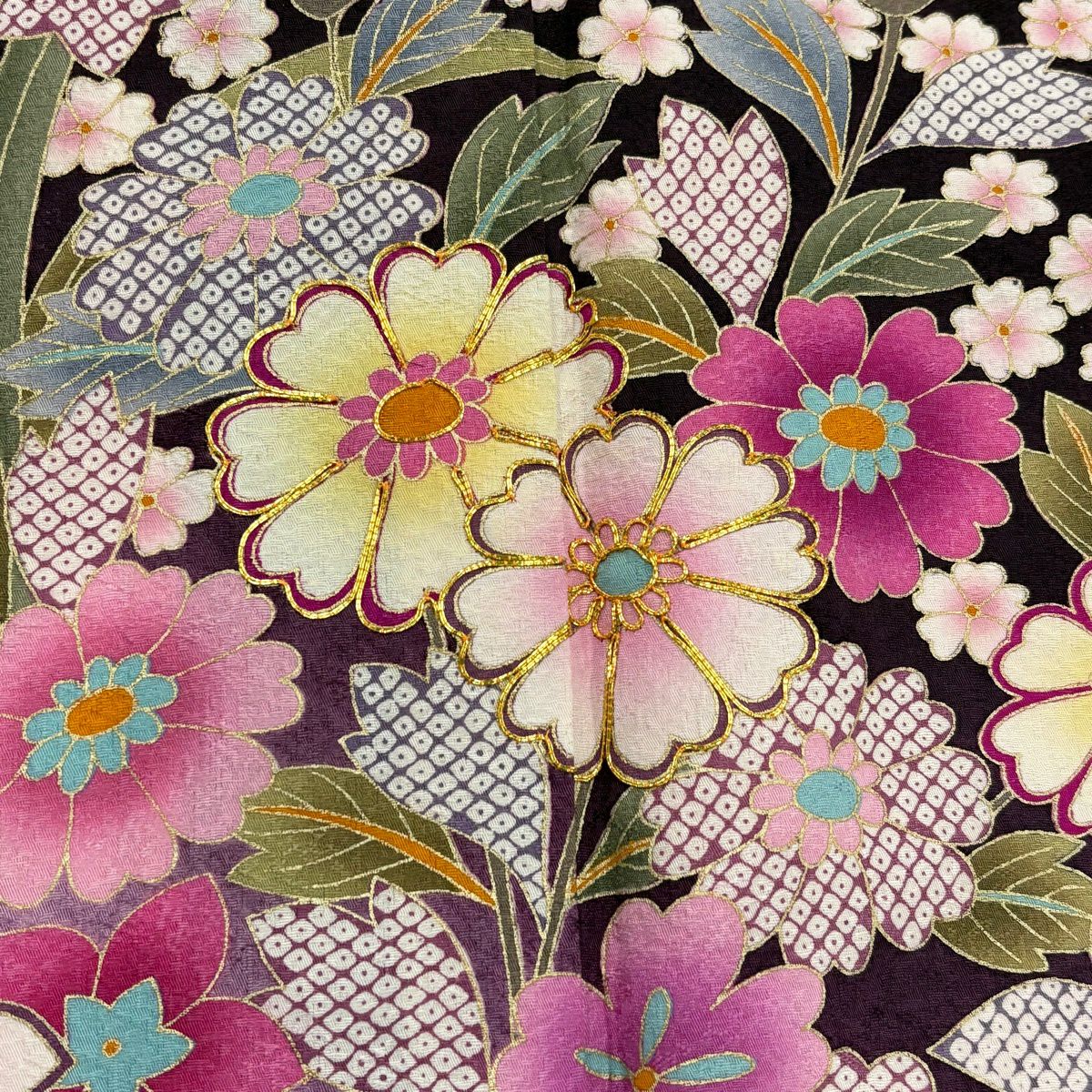 振袖禮服 身長173cm 袖長71cm L 雙層 草花紋紋 櫻花 金絲 金銀彩 深紫 純蠶絲 名品級