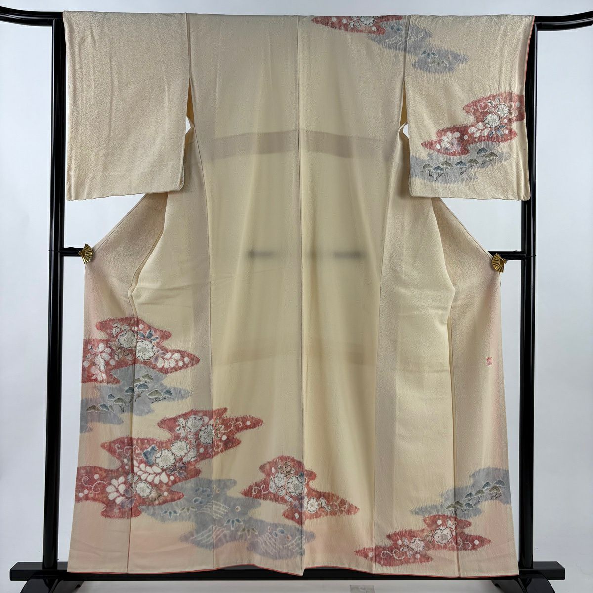 訪問服 身長157cm 袖長64.5cm M 雙層 滝泰 落款あり 辻花染 霞 米色 純蠶絲 名品級