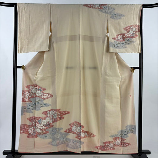 訪問服 身長157cm 袖長64.5cm M 雙層 滝泰 落款あり 辻花染 霞 米色 純蠶絲 名品級