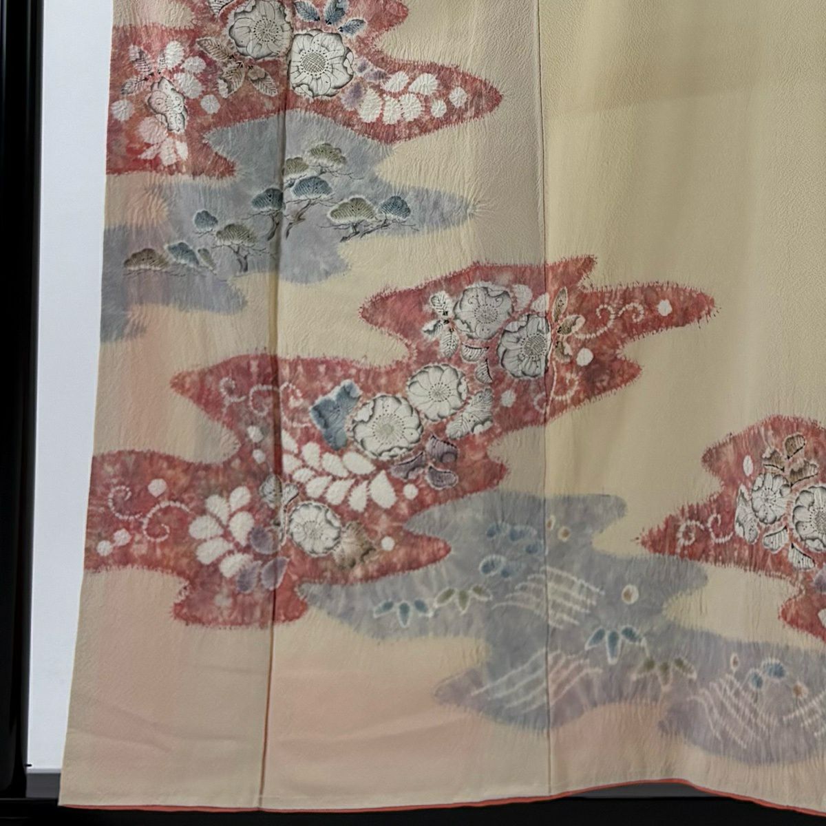 訪問服 身長157cm 袖長64.5cm M 雙層 滝泰 落款あり 辻花染 霞 米色 純蠶絲 名品級