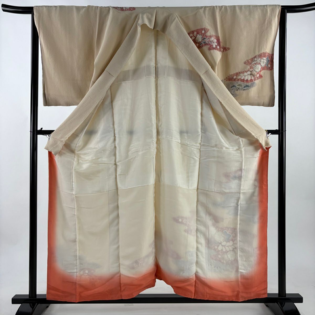 訪問服 身長157cm 袖長64.5cm M 雙層 滝泰 落款あり 辻花染 霞 米色 純蠶絲 名品級