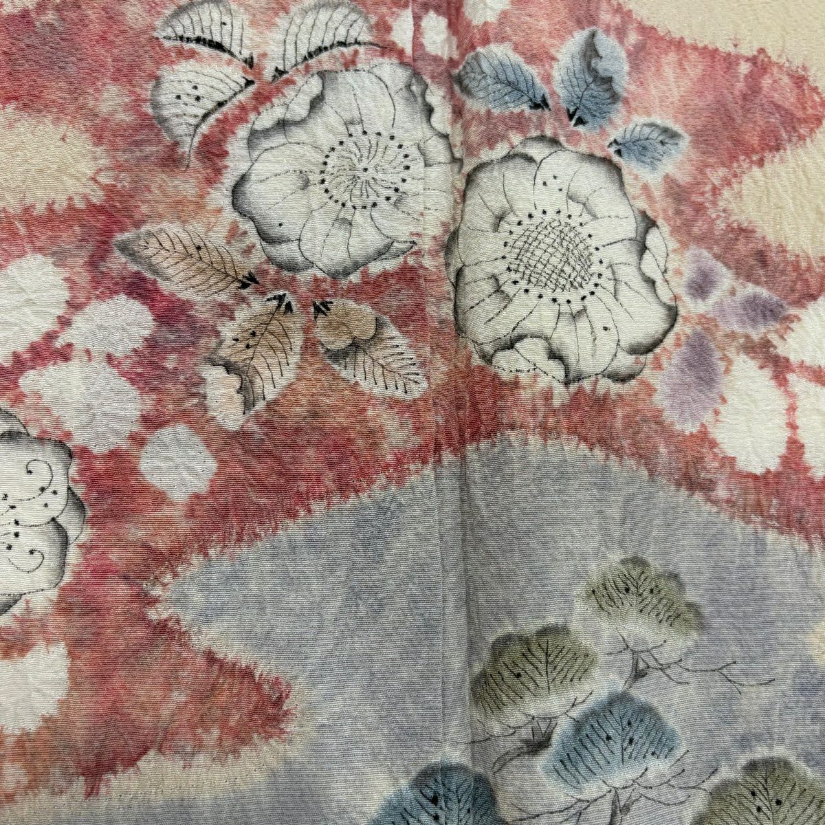 訪問服 身長157cm 袖長64.5cm M 雙層 滝泰 落款あり 辻花染 霞 米色 純蠶絲 名品級