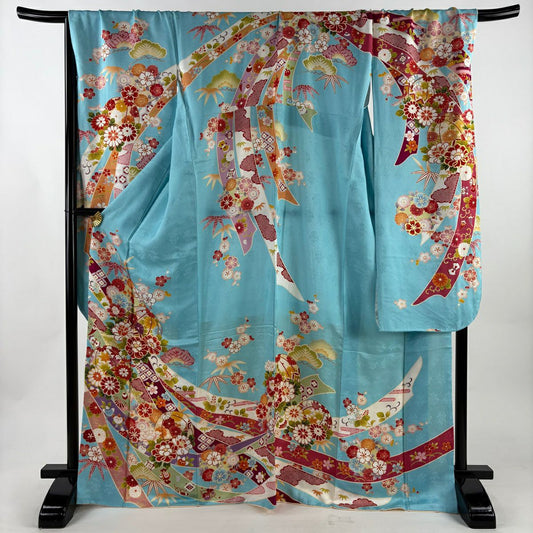 振袖禮服 身長170cm 袖長72.5cm L 雙層 束捲熨斗紋 手毬刺繡 金彩裝飾 水色 純蠶絲 名品級
