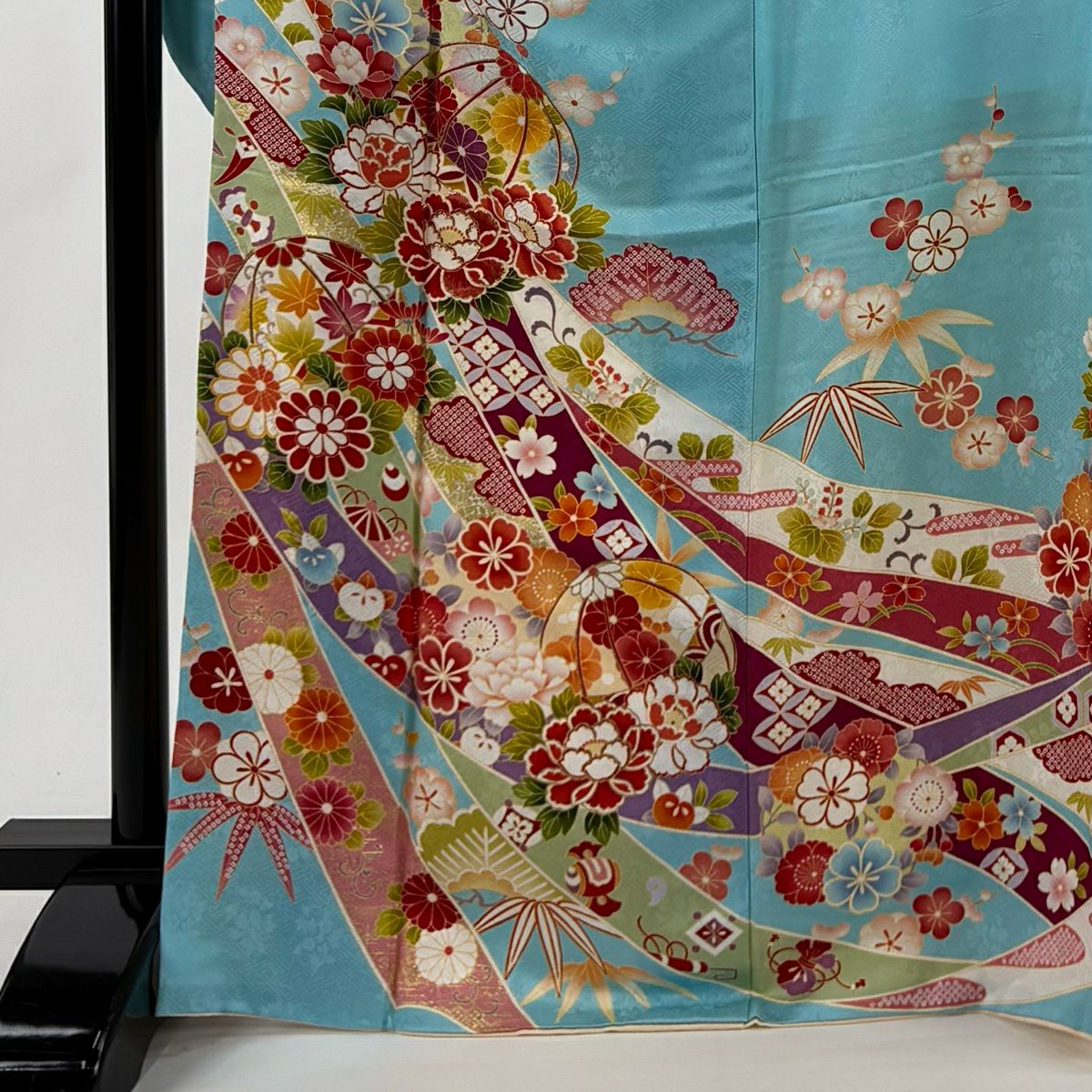 振袖禮服 身長170cm 袖長72.5cm L 雙層 束捲熨斗紋 手毬刺繡 金彩裝飾 水色 純蠶絲 名品級