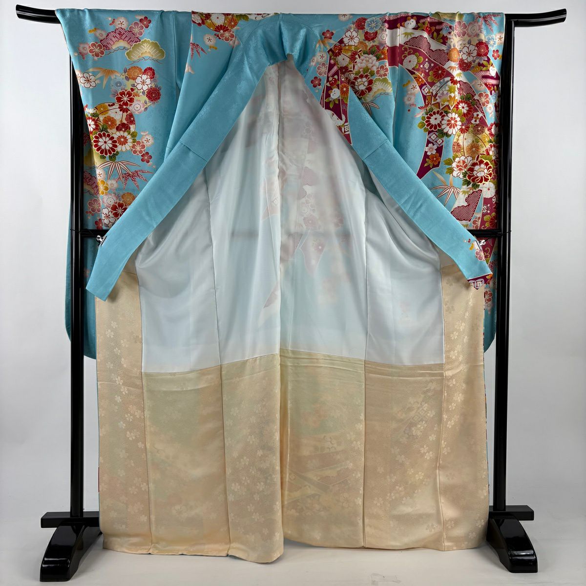 振袖禮服 身長170cm 袖長72.5cm L 雙層 束捲熨斗紋 手毬刺繡 金彩裝飾 水色 純蠶絲 名品級