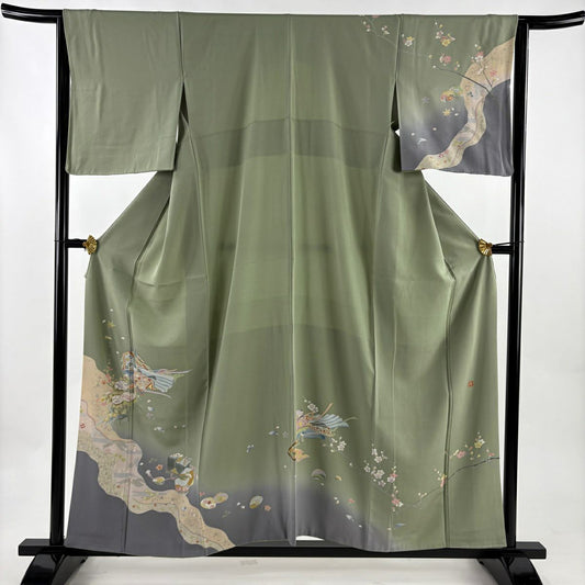 【美品】訪問服 身長157cm 袖長64cm M 雙層 落款あり 姫 道長取 金銀彩 漸層 灰綠 純蠶絲 名品級
