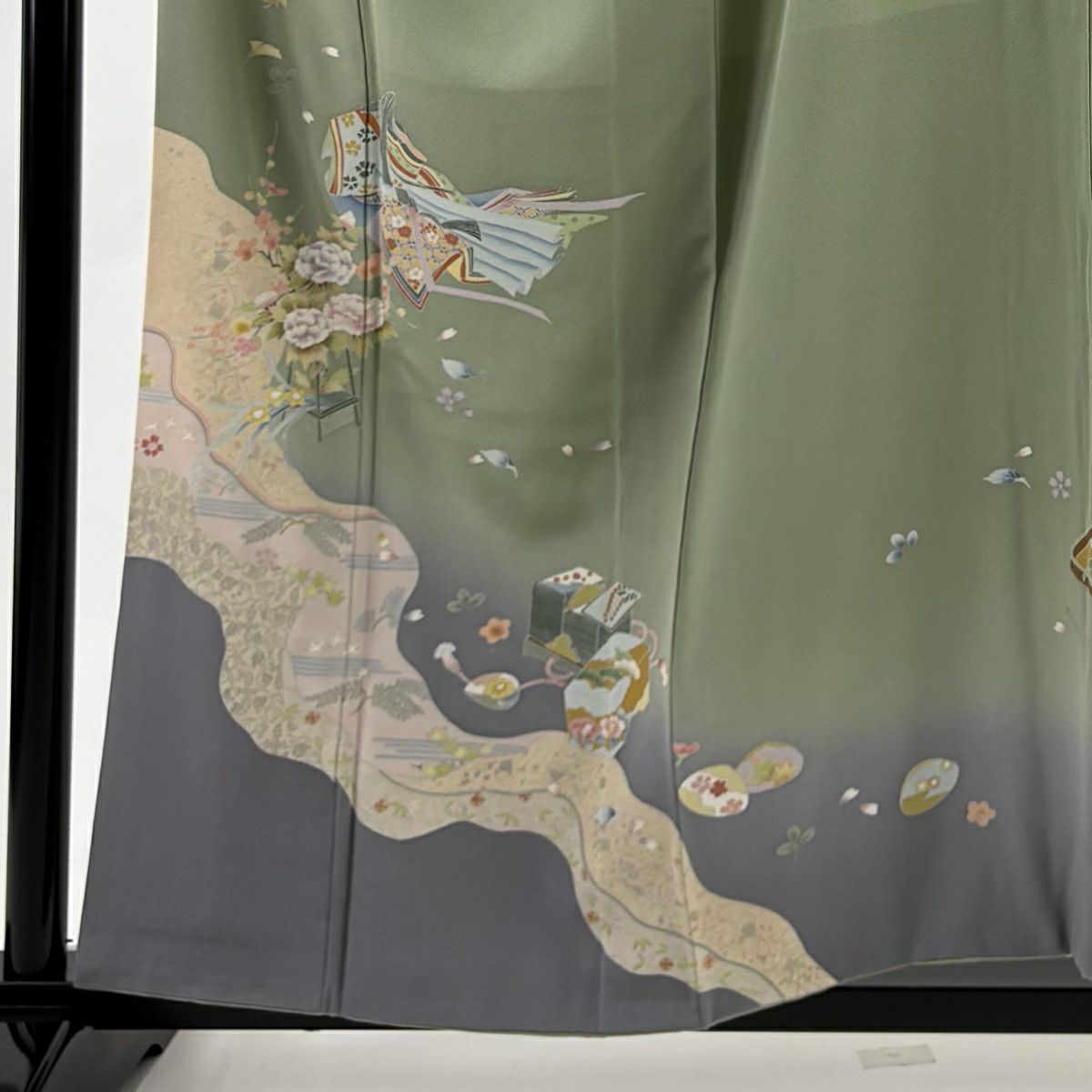 【美品】訪問服 身長157cm 袖長64cm M 雙層 落款あり 姫 道長取 金銀彩 漸層 灰綠 純蠶絲 名品級