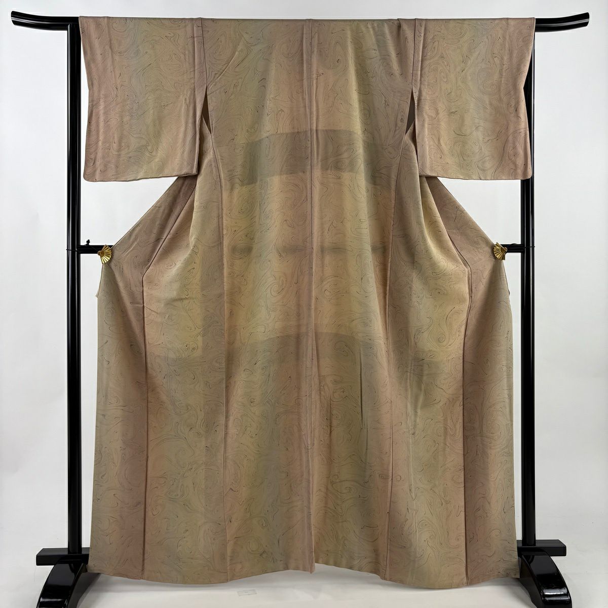 【美品】 小紋 身長164.5cm 袖長66.5cm M 雙層 墨流し 漸層 米色 純蠶絲 名品級