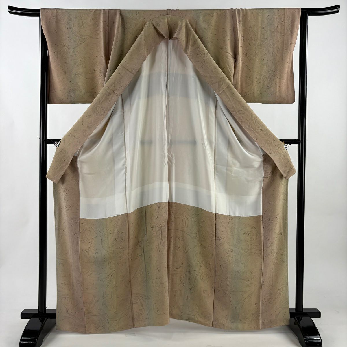 【美品】 小紋 身長164.5cm 袖長66.5cm M 雙層 墨流し 漸層 米色 純蠶絲 名品級