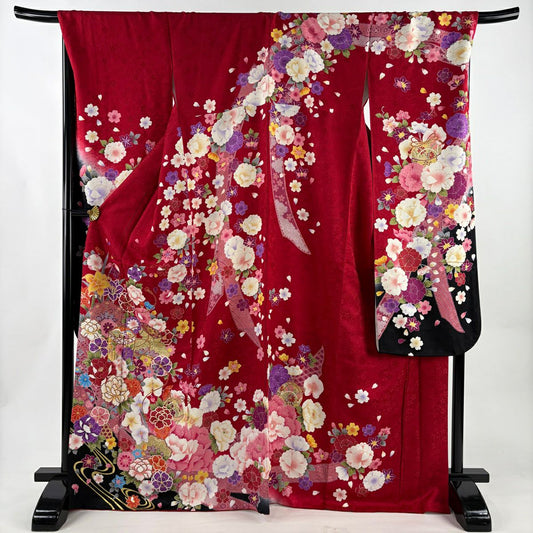 【美品】振袖禮服 身長170cm 袖長70cm L 雙層 貝桶 草花紋紋 金絲 金銀彩 紅 純蠶絲 名品級