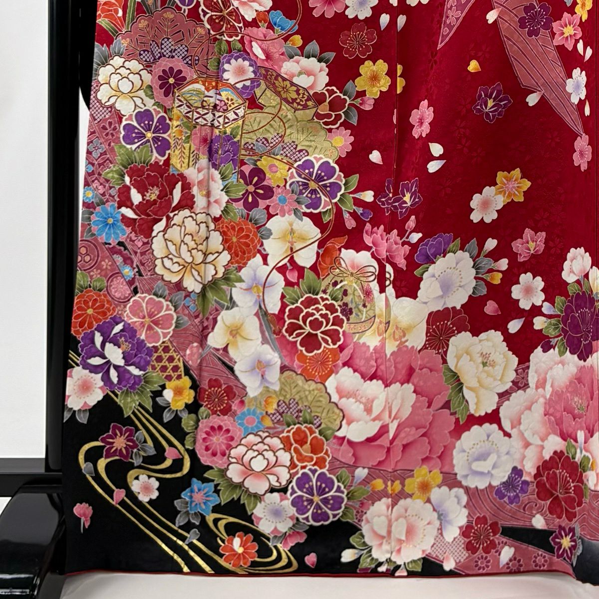 【美品】振袖禮服 身長170cm 袖長70cm L 雙層 貝桶 草花紋紋 金絲 金銀彩 紅 純蠶絲 名品級