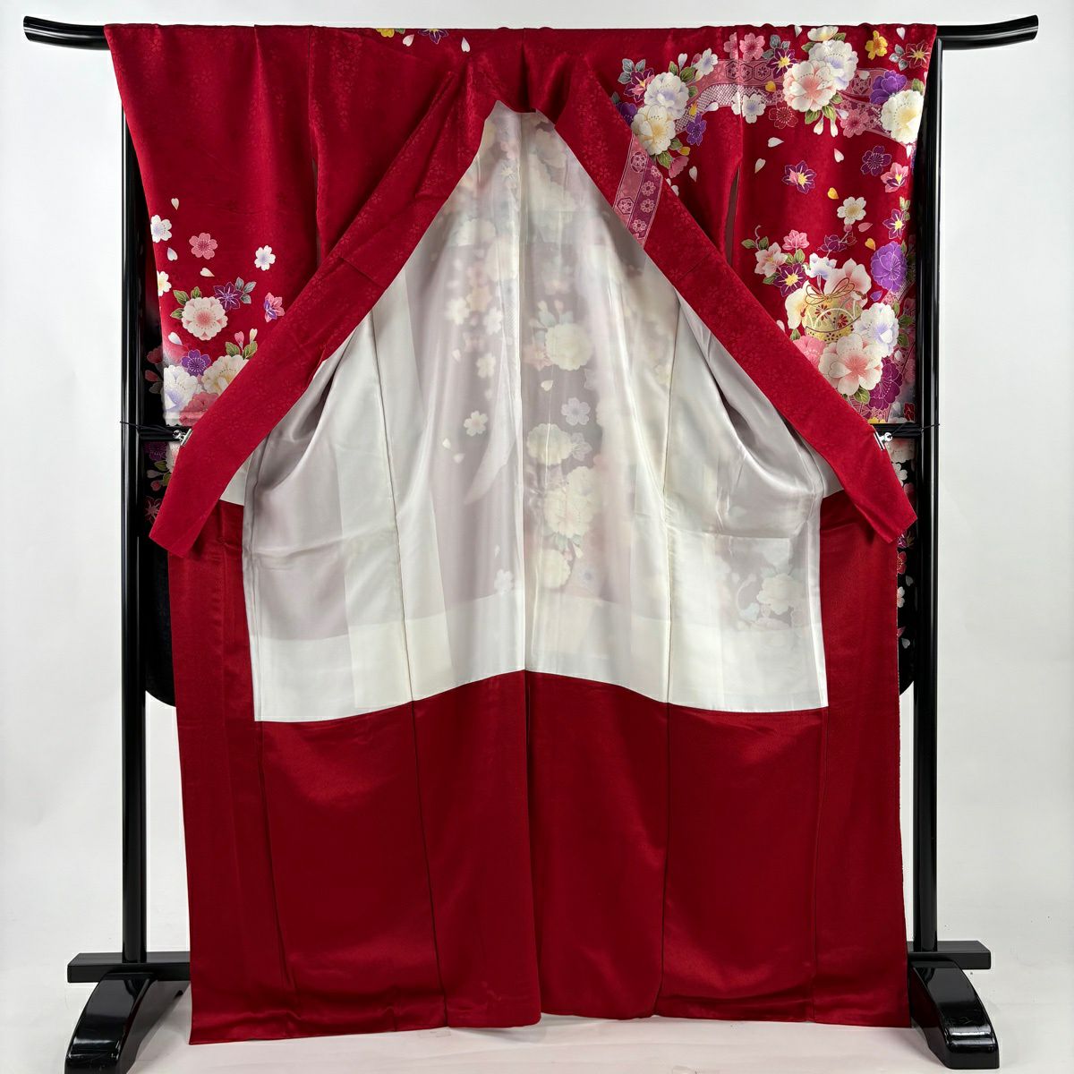 【美品】振袖禮服 身長170cm 袖長70cm L 雙層 貝桶 草花紋紋 金絲 金銀彩 紅 純蠶絲 名品級