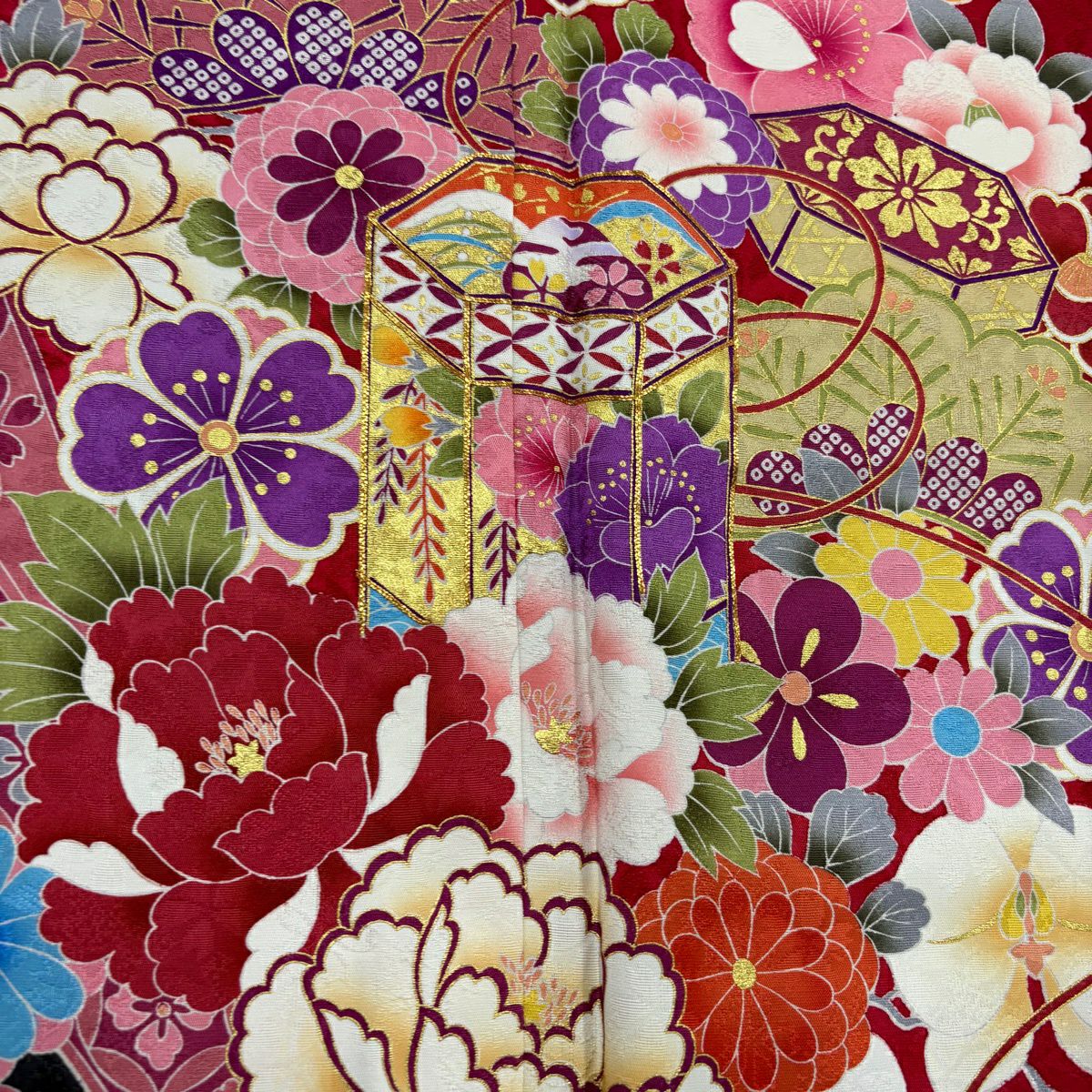 【美品】振袖禮服 身長170cm 袖長70cm L 雙層 貝桶 草花紋紋 金絲 金銀彩 紅 純蠶絲 名品級