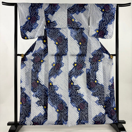 【美品】 浴衣 身長162.5cm 袖長63.5cm S 絞染浴衣 菊花花 青紫 棉 名品級