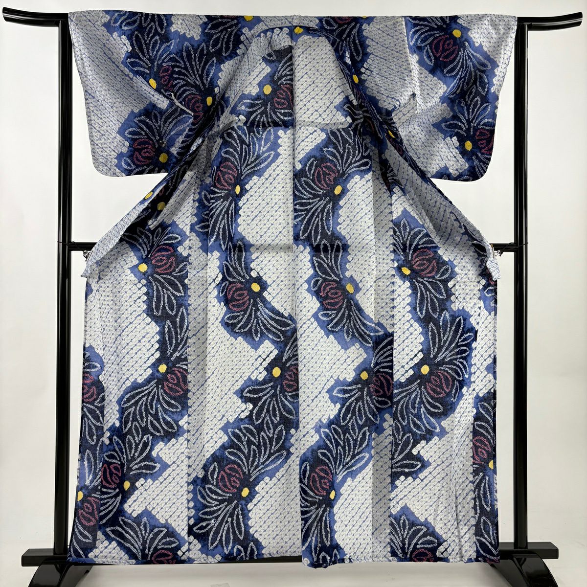 【美品】 浴衣 身長162.5cm 袖長63.5cm S 絞染浴衣 菊花花 青紫 棉 名品級