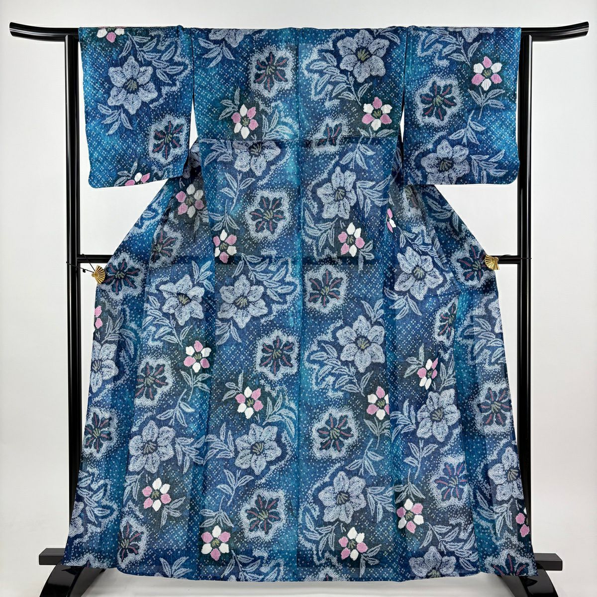 【美品】 浴衣 身長164cm 袖長63cm S 絞染浴衣 草花紋紋 青綠 純棉 名品級