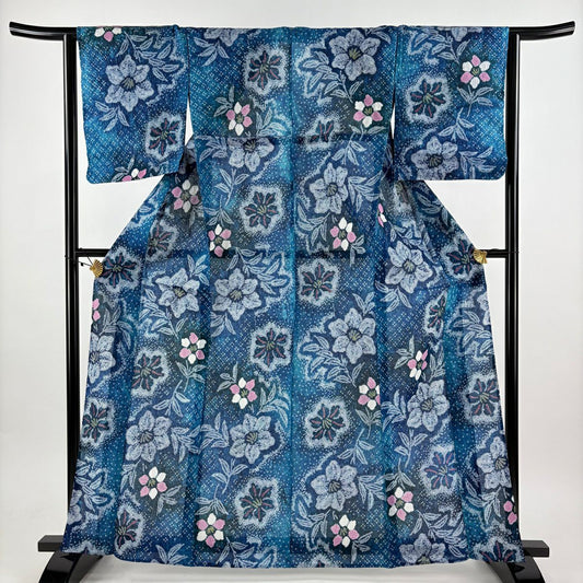 【美品】 浴衣 身長164cm 袖長63cm S 絞染浴衣 草花紋紋 青綠 純棉 名品級