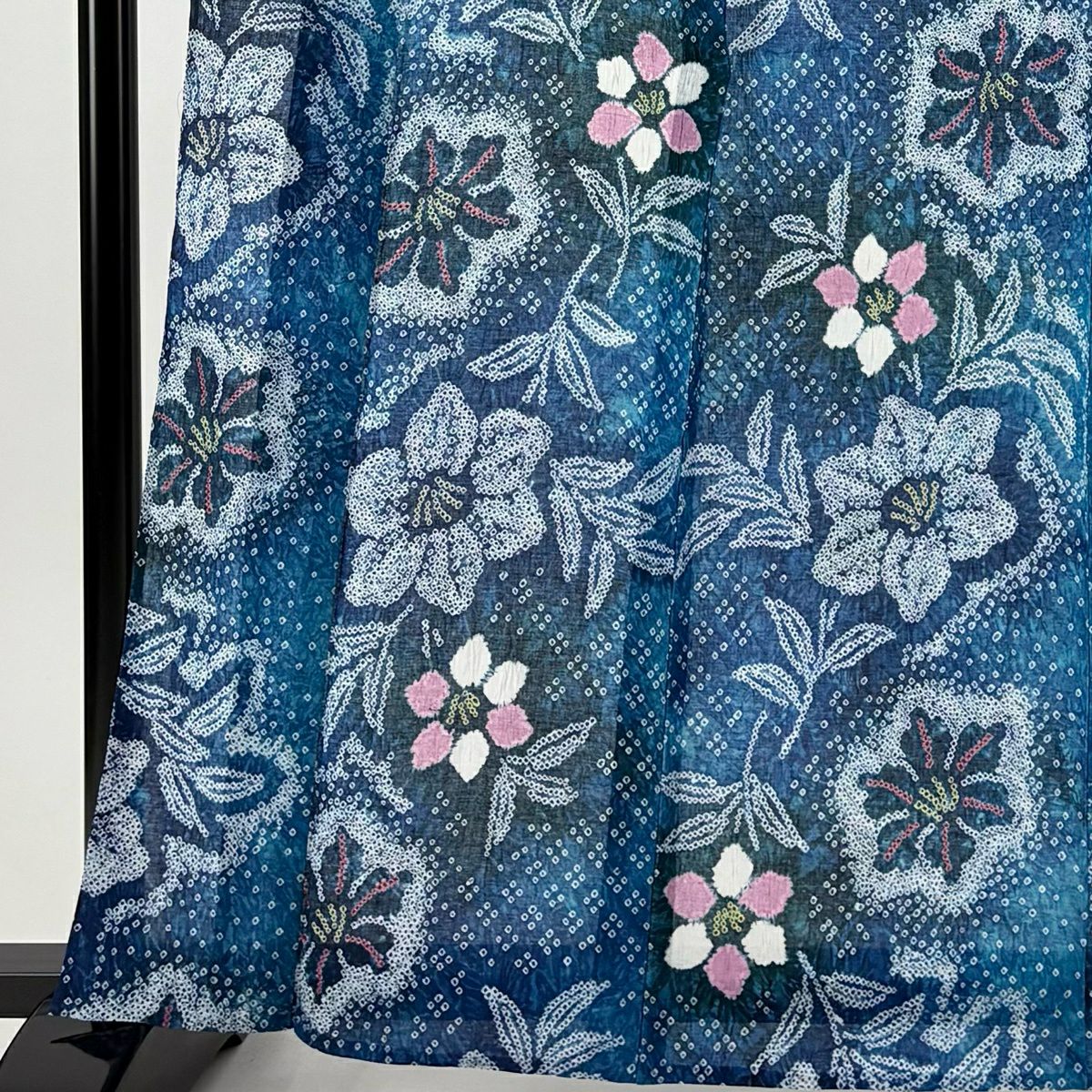 【美品】 浴衣 身長164cm 袖長63cm S 絞染浴衣 草花紋紋 青綠 純棉 名品級