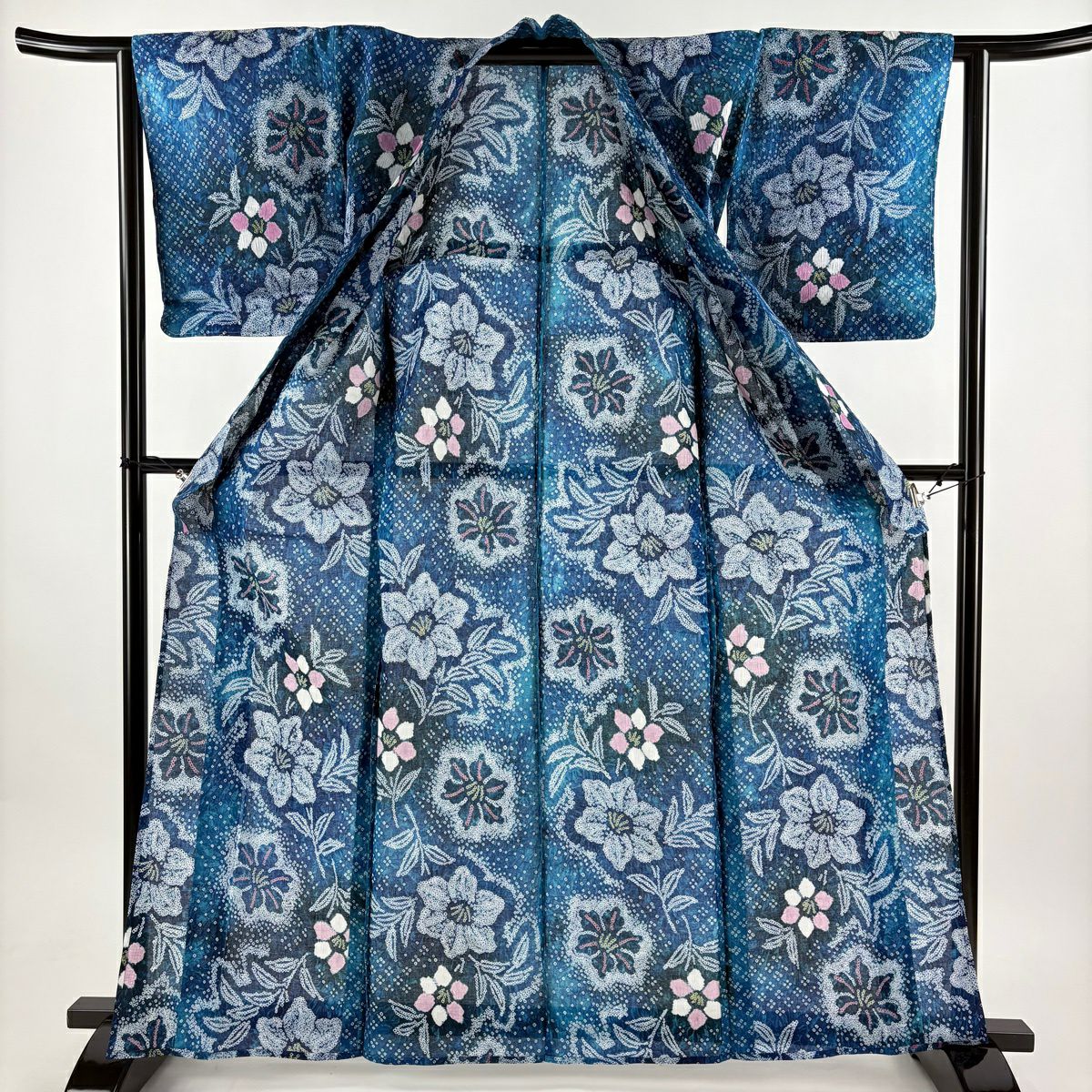 【美品】 浴衣 身長164cm 袖長63cm S 絞染浴衣 草花紋紋 青綠 純棉 名品級