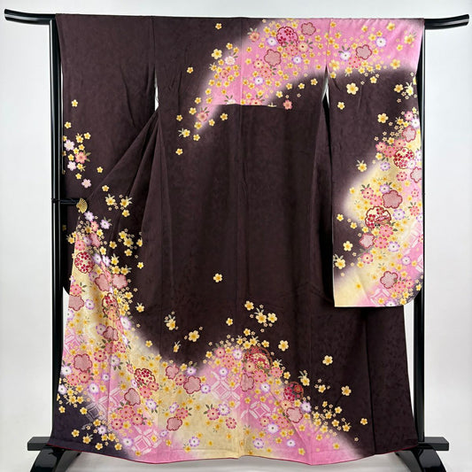 振袖禮服 身長162cm 袖長64cm M 雙層 大和 雪輪 櫻花 金銀彩 漸層 焦茶 純蠶絲 名品級