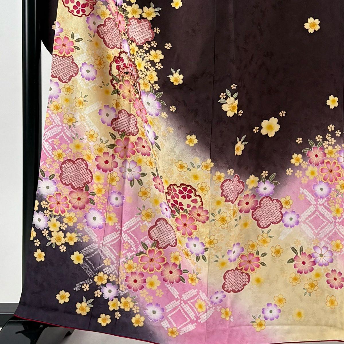 振袖禮服 身長162cm 袖長64cm M 雙層 大和 雪輪 櫻花 金銀彩 漸層 焦茶 純蠶絲 名品級
