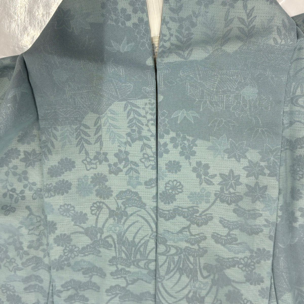 小紋 身長166cm 袖長65.5cm M 雙層 紗絽 草花紋紋 家屋 水色 純蠶絲 名品級