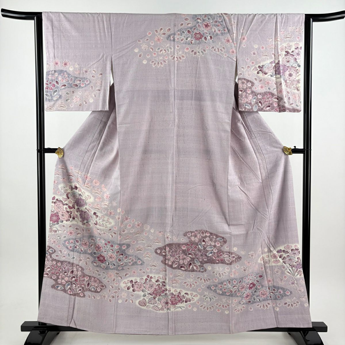 訪問服 身長160.5cm 袖長63cm S 雙層 紬織織 草花紋紋 霞 薄紫 純蠶絲 名品級 一つ紋