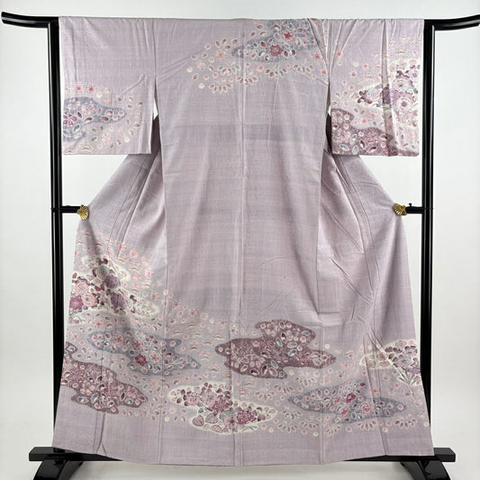 訪問服 身長160.5cm 袖長63cm S 雙層 紬織織 草花紋紋 霞 薄紫 純蠶絲 名品級 一つ紋