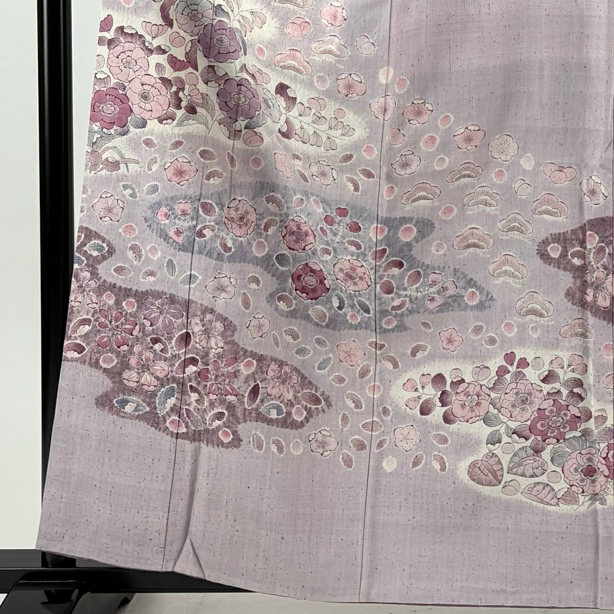訪問服 身長160.5cm 袖長63cm S 雙層 紬織織 草花紋紋 霞 薄紫 純蠶絲 名品級 一つ紋