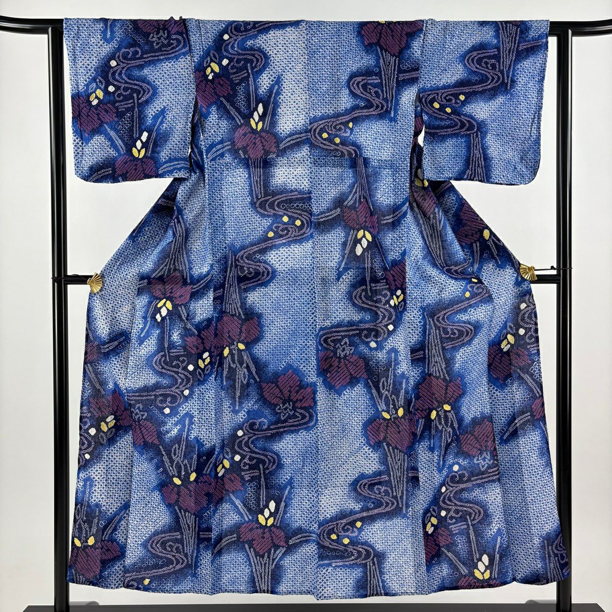 【美品】浴衣 身長152.5cm 袖長62cm S 絞染浴衣 草花紋紋 流水 紅 棉 名品級