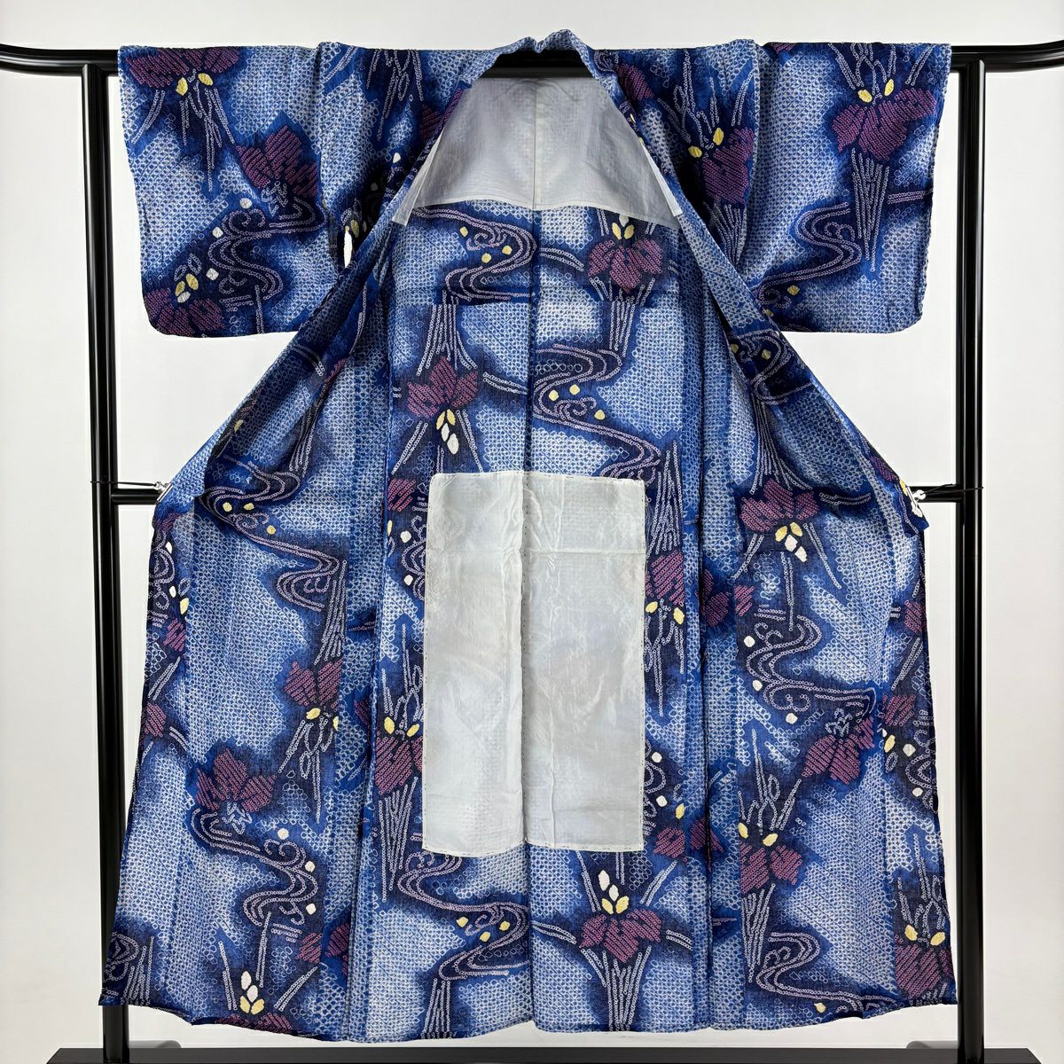 【美品】浴衣 身長152.5cm 袖長62cm S 絞染浴衣 草花紋紋 流水 紅 棉 名品級