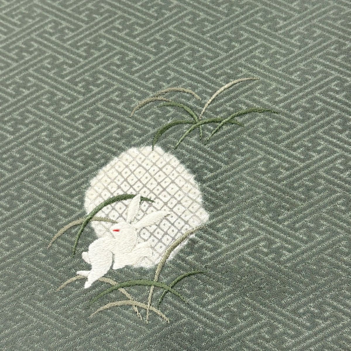 小紋 身長158cm 袖長63cm S 雙層 兔子 芝 刺繡 灰綠 純蠶絲 名品級