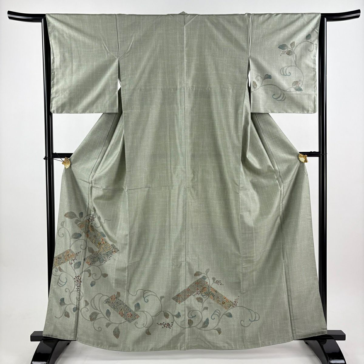 訪問服 身長163.5cm 袖長64cm M 雙層 大島紬織地 證書齊全 葉與果 草花紋紋 金線 金通 薄綠 純蠶絲 名品級