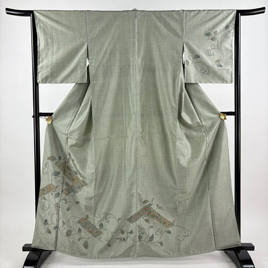 訪問服 身長163.5cm 袖長64cm M 雙層 大島紬織地 證書齊全 葉與果 草花紋紋 金線 金通 薄綠 純蠶絲 名品級
