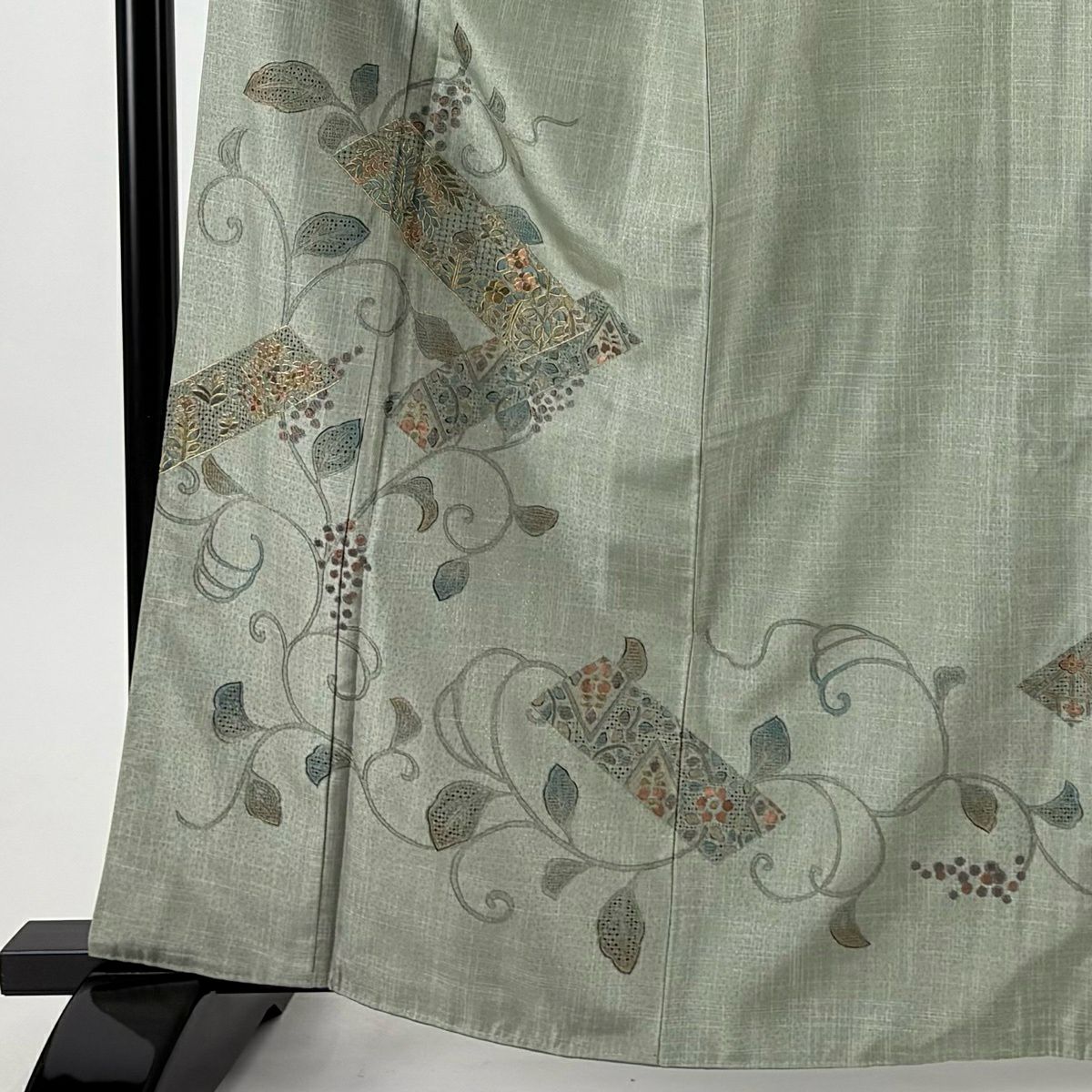 訪問服 身長163.5cm 袖長64cm M 雙層 大島紬織地 證書齊全 葉與果 草花紋紋 金線 金通 薄綠 純蠶絲 名品級