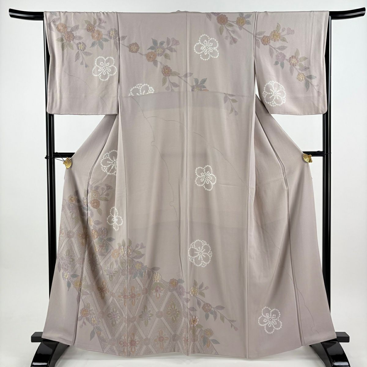 訪問服 身長162.5cm 袖長66cm M 雙層 草花紋紋 菱形 刺繡 金金箔 灰紫 純蠶絲 名品級