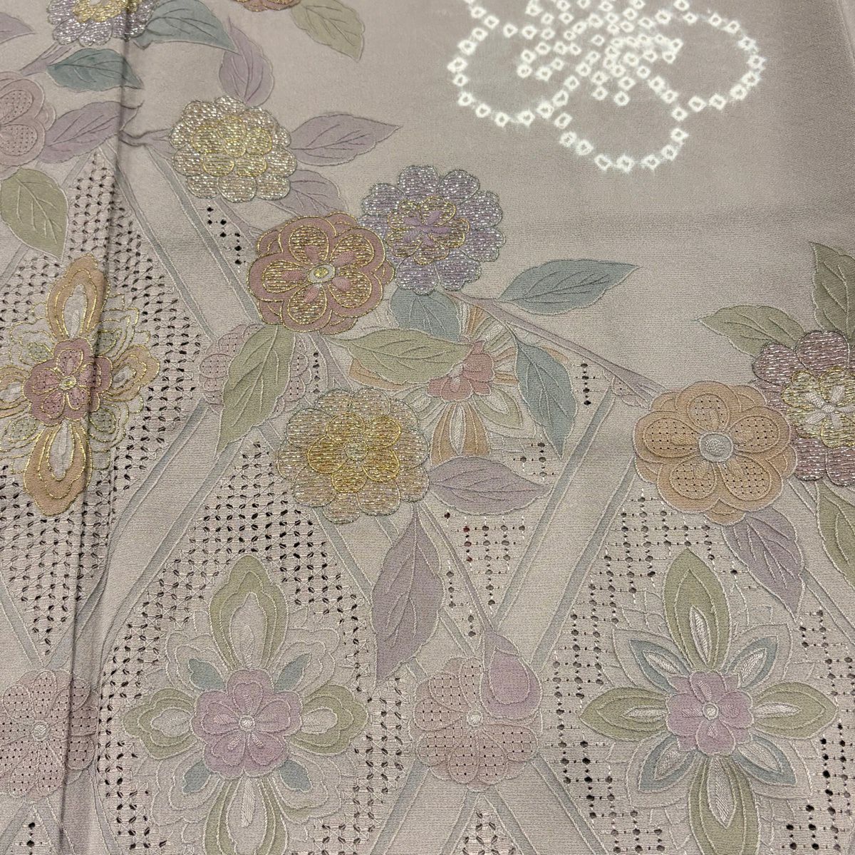 訪問服 身長162.5cm 袖長66cm M 雙層 草花紋紋 菱形 刺繡 金金箔 灰紫 純蠶絲 名品級