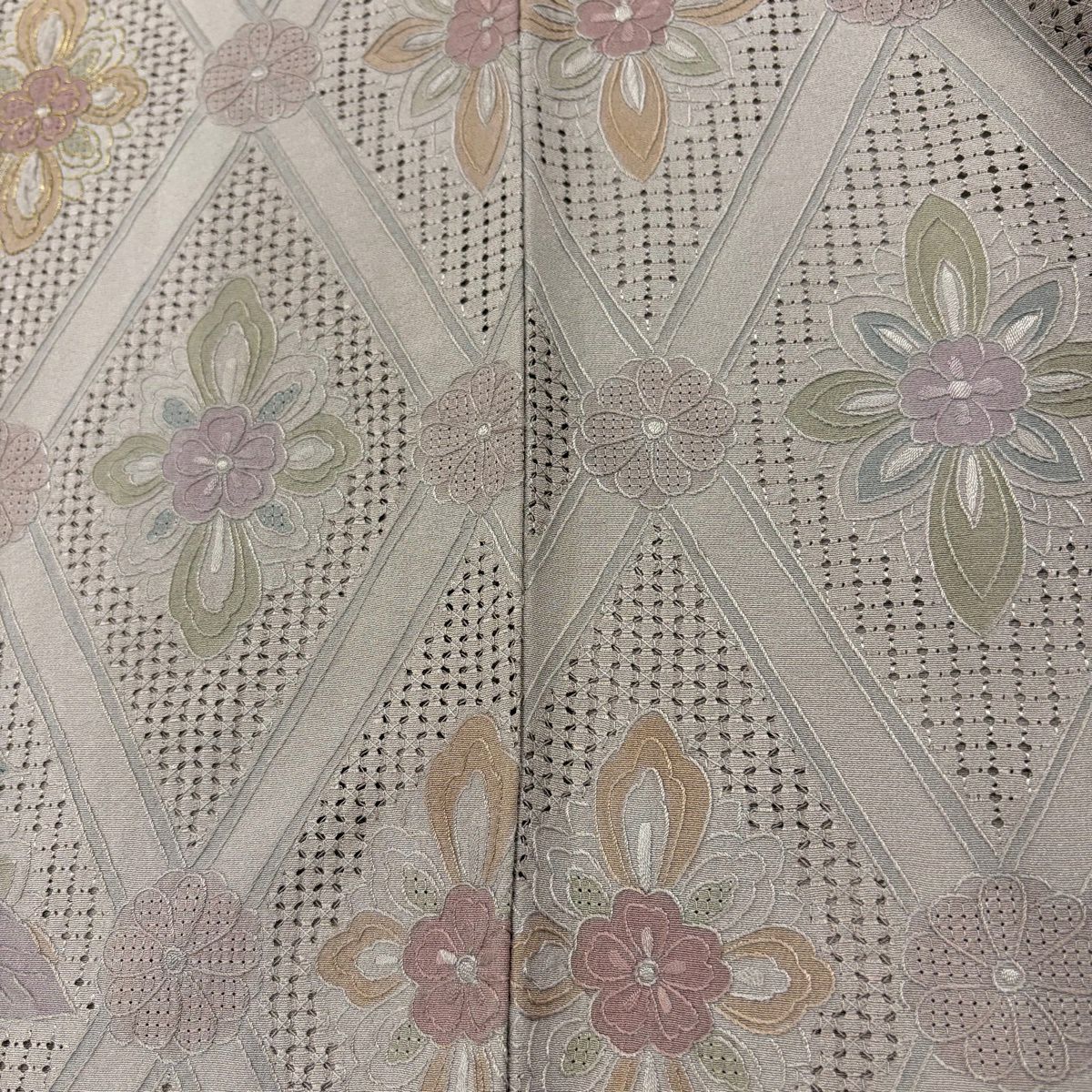 訪問服 身長162.5cm 袖長66cm M 雙層 草花紋紋 菱形 刺繡 金金箔 灰紫 純蠶絲 名品級