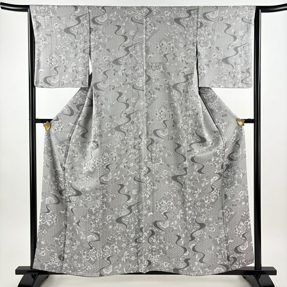 【美品】 小紋 身長158.5cm 袖長65cm M 雙層 草花紋 紋意匠 灰色 純蠶絲 名品級